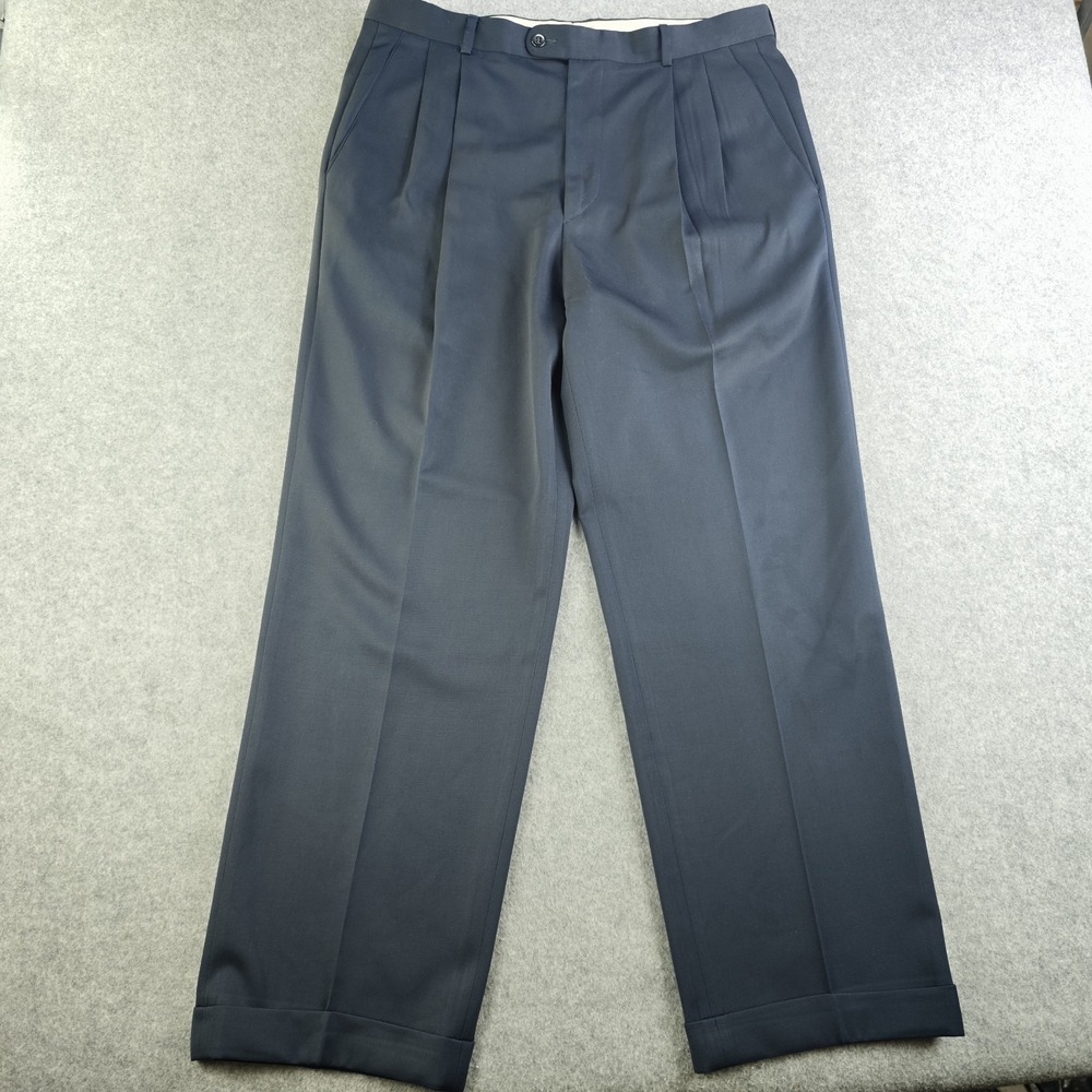 Zanella Dress‎ Pants Mens 33 35x30 Blue Pleated Cuffed 100% Wool Straight Leg